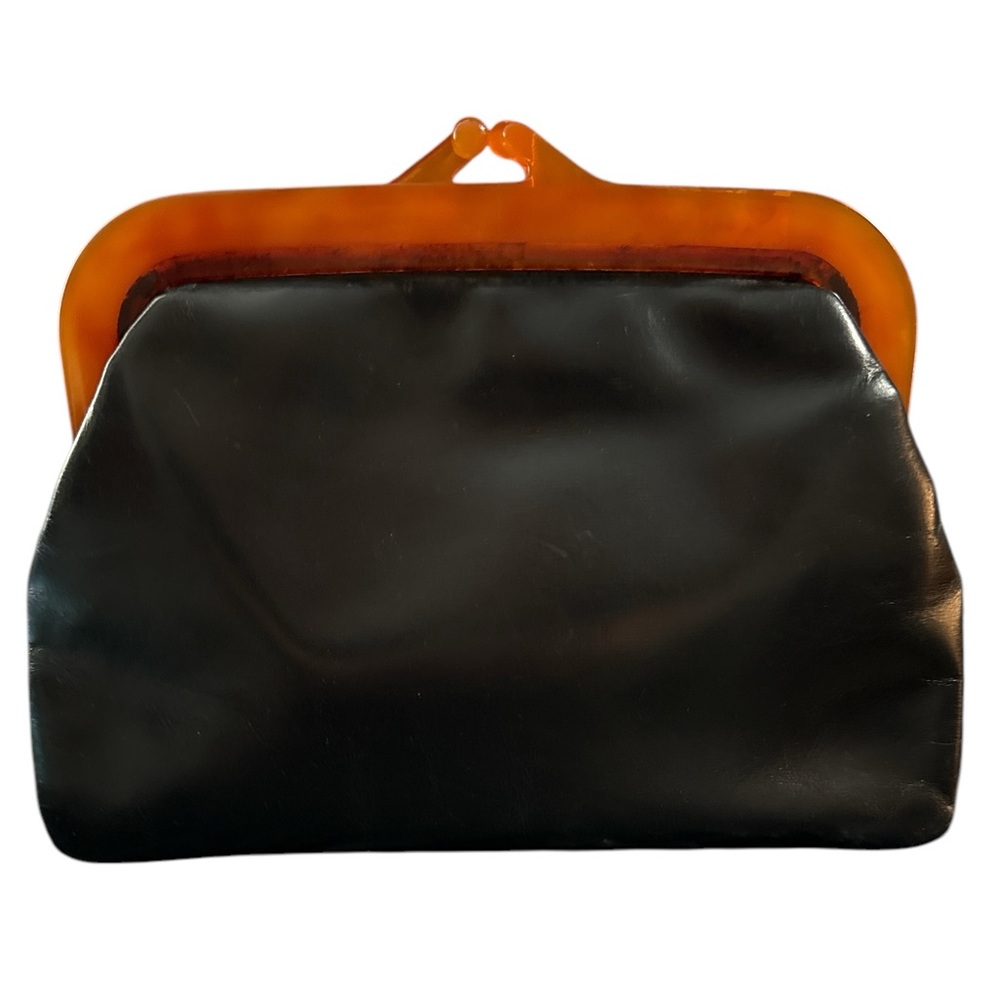 Vintage 1950s Koret Black Leather Clutch Lucite Frame Made in America - Picture 2 of 10